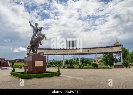 The monument of World War II Chechen soldier Movlid Visaitov at the memorial park close to the museum of Akhmad Kadyrov in Grozny, Chechnya, Russia. Stock Photo