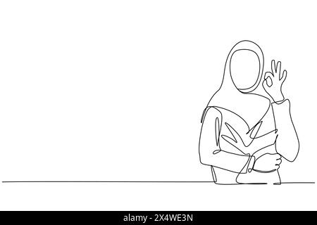 Single one line drawing Arabian woman in hijab gesturing ok sign. Okay sign, gesture language concept. Female standing showing ok sign with fingers. C Stock Vector