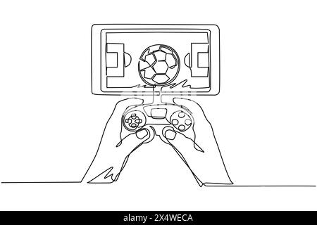 Single continuous line drawing smartphone connected with gamepad and playing football games. Online football games. Smartphone applications. Mobile fo Stock Vector