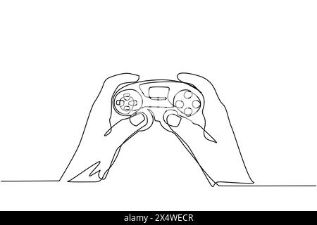 Single one line drawing young man hands holding video game console. Gamer holding in hand gamepad. Man playing video game. Leisure time at home. Conti Stock Vector