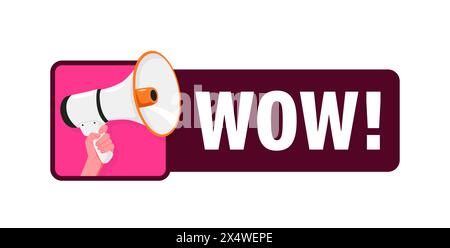 Wow. Hand hold megaphone speaker for announce. Attention please. Shouting people, advertisement speech symbol Stock Vector