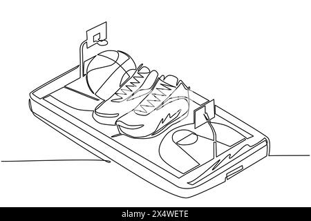 Single continuous line drawing basketball shoes and basketball balls on smartphone screen. Smartphone with app basketball. Mobile sport stream champio Stock Vector