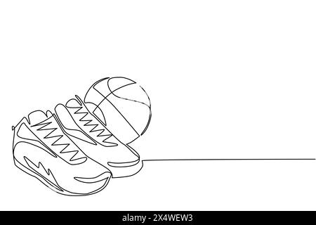 Single one line drawing basketball shoes and basketball balls. Basketball ball and boots. Sports inventory. For sport store ad, app pictogram, infogra Stock Vector