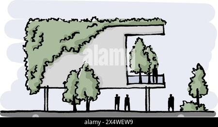 Cartoon hand drawing of building with plants, trees with people. Green architecture, sustainability concept Stock Vector