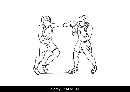 Continuous one line drawing boxers fighting on ring, opponents in shorts and gloves fight on arena with spotlights and ropes. Competition. Dangerous s Stock Vector
