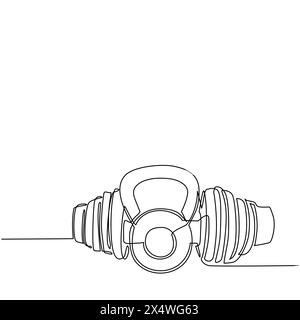 Single continuous line drawing dumbbells and kettlebell vector icon set on white background for gym or fitness elements. Weight, barbell, dumbbell. On Stock Vector