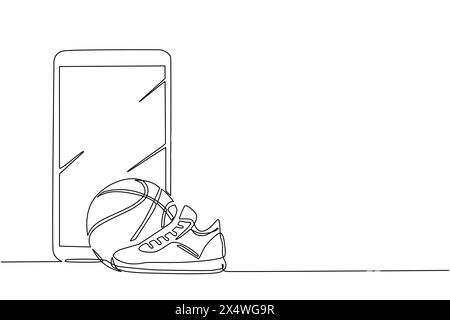 Single continuous line drawing basketball ball and shoes with smartphone. Sport equipment. Basketball stuff. Competitive and competition game. Active Stock Vector