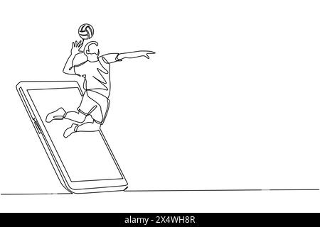 Continuous one line drawing man volleyball athlete player in action jumping spike getting out of smartphone screen. Mobile sports play matches. Online Stock Vector