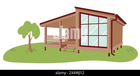 Modular home. Wooden eco-friendly modular house. New modular housing concept. Modular homes exterior design Stock Vector