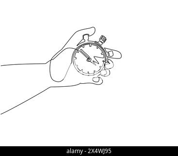 Single continuous line drawing human hand holding stopwatch. Arrow, clock, meter. Measurement and time management concept for banner, website design o Stock Vector