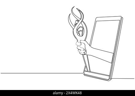 Continuous one line drawing hand holding wizards magic staff through mobile phone. Concept of mobile games, e-sport, entertainment application for sma Stock Vector