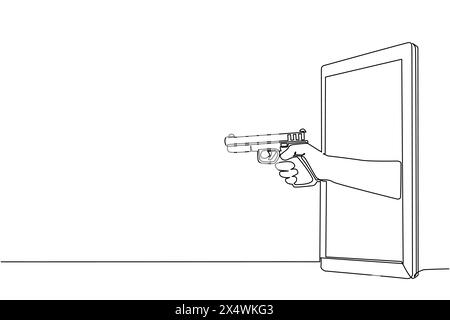 Single one line drawing hand holding handgun through mobile phone. Concept of police officer video games, e-sport, entertainment application for smart Stock Vector