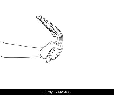 Single one line drawing hand holding boomerang, ancient aboriginal hunting tool from Australia. Traditional souvenir, Australian native symbols. Conti Stock Vector