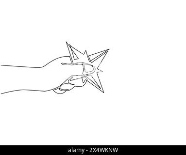 Single one line drawing hand holding blade shuriken throwing weapons. Throwing star, shuriken, ninja weapon solid icon, asian culture concept, blade, Stock Vector