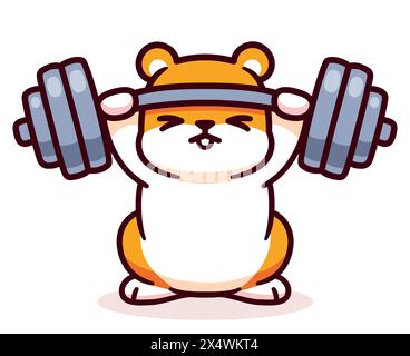 Cute cartoon hamster lifting barbell. Funny fitness and exercise drawing, vector clip art illustration. Stock Vector