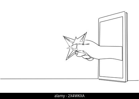 Continuous one line drawing hand holding blade shuriken through mobile phone. Concept of ninja video games, e-sport, entertainment application for sma Stock Vector