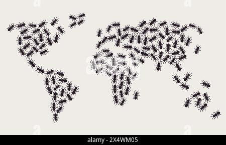 Black ants in the shape of world map. Insects, pest control. Vector illustration. Stock Vector