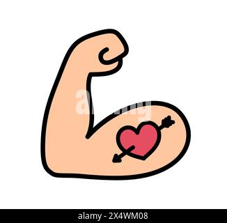 Flexed tattooed bicep emoji symbol. Strong muscle arm with heart and arrow tattoo, cartoon line icon. Vector hand drawn doodle illustration. Stock Vector