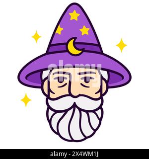 Old wizard portrait with grey beard and magic hat. Fantasy mage character head logo, vector clip art illustration. Stock Vector