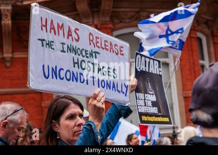 Qatar Embassy, London, UK. 5th May 2024. A rally outside the Qatar Embassy to demand the immediate release of Israeli hostages held by Hamas for 212 days and urge Qatar to fulfill its responsibilities to bring an end to this unbearable situation. Photo by Amanda Rose/Alamy Live News Stock Photo