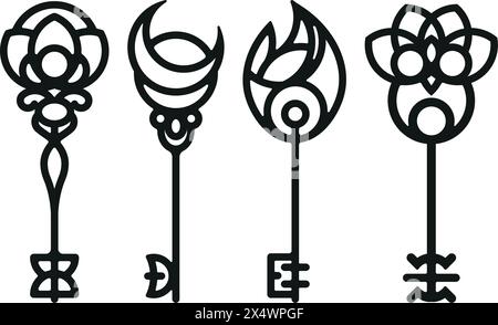 Group of four keys inspired by the symbolism of power, stars, elements, and nature. Stock Vector