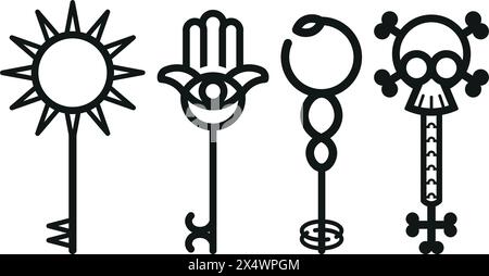 Group of four keys inspired by the symbolism of power, protection, eternity and time Stock Vector