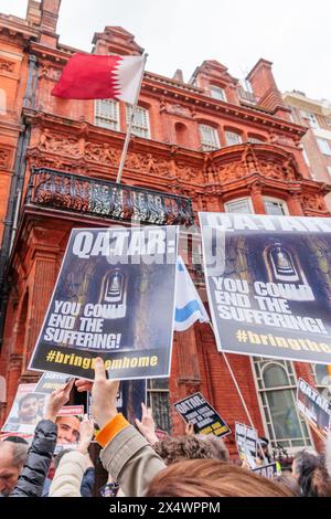 Qatar Embassy, London, UK. 5th May 2024. A rally outside the Qatar Embassy to demand the immediate release of Israeli hostages held by Hamas for 212 days and urge Qatar to fulfill its responsibilities to bring an end to this unbearable situation. Photo by Amanda Rose/Alamy Live News Stock Photo