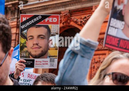 Qatar Embassy, London, UK. 5th May 2024. A rally outside the Qatar Embassy to demand the immediate release of Israeli hostages held by Hamas for 212 days and urge Qatar to fulfill its responsibilities to bring an end to this unbearable situation. Photo by Amanda Rose/Alamy Live News Stock Photo