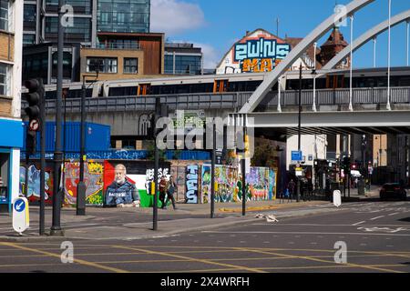 Railway bridge over Shoreditch High Street from junction at Great Eastern Street A10 ring road East London England UK 2024   KATHY DEWITT Stock Photo