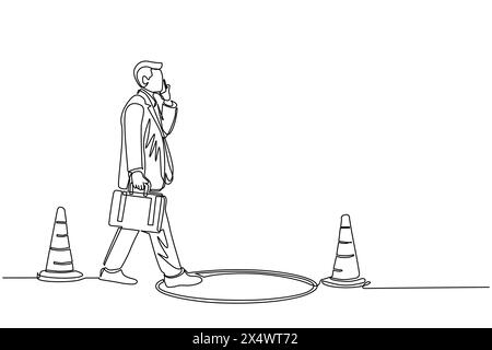 Single one line drawing businessman talking on cell phone and he does not see the hole in front. Man walks to business trap. Metaphor. Modern continuo Stock Vector