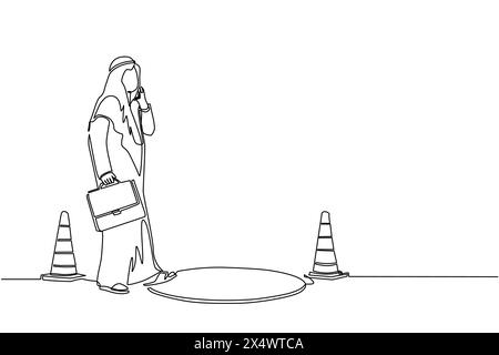 Continuous one line drawing Arabian businessman talking on cell phone and he does not see the hole in front. Man walks to business trap. Metaphor. Sin Stock Vector