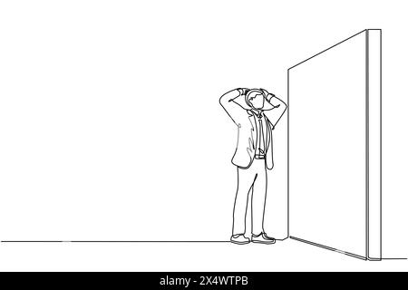 Single continuous line drawing businessman standing and confused in front of huge brick wall barriers. Scene for wrong business decision, mistake, dea Stock Vector