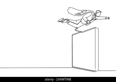 Single one line drawing super businessman flying over the wall. Employee superhero flying through the wall. Business concept power, success, overcome Stock Vector