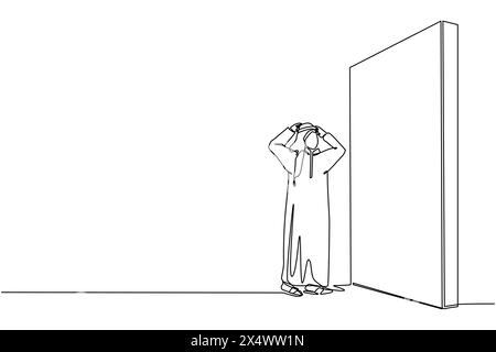 Single one line drawing Arabian businessman standing and confused in front of huge brick wall barriers. Scene for wrong business decision, mistake, de Stock Vector