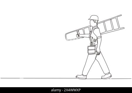 Single one line drawing repairman with ladder. Handyman working on call. Carpenter handle activity on renovation home. Hard laborer job. Painter worke Stock Vector