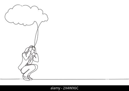 Single continuous line drawing businesswoman feeling sad, depression sitting under rain and cloud. Unhappy depressed loneliness sad worker in stress w Stock Vector