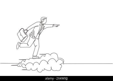 Single one line drawing businessman holding briefcase ride cloud, pointing forward, go to future, business concept. Man on cloud way to success. Conti Stock Vector