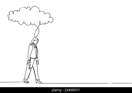 Single continuous line drawing unhappy depressed sad businesswoman in stress walking under rain cloud. Alone loser female depression. Loneliness in ov Stock Vector