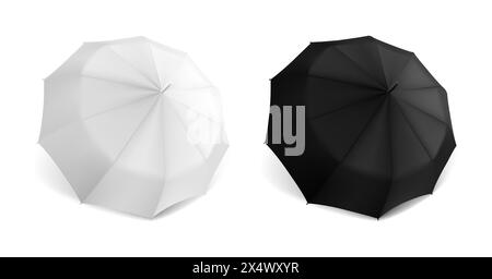 Realistic umbrella. Parasol mockup for branding. Opened waterproof sun canopy top view. Black and white blank design. Rainy weather. Automatic tents. Vector rain protection 3D stylish accessories set Stock Vector