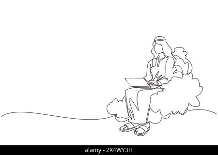 Single continuous line drawing Arab businessman sitting on cloud in sky, working with laptop. Wireless connection. Social networking, chatting using c Stock Vector