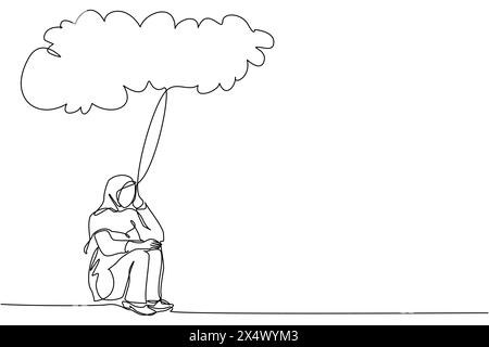 Single continuous line drawing Arabic businesswoman feeling sad, depression sitting under rain and cloud. Unhappy depressed loneliness sad worker in s Stock Vector