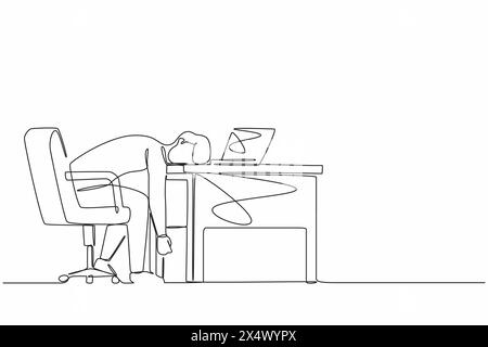 Continuous one line drawing professional burnout syndrome. Exhausted sick tired male manager in office sad boring sitting with head down on laptop. Si Stock Vector