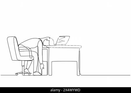 Continuous one line drawing professional burnout syndrome. Exhausted sick tired female manager in office sad boring sitting with head down on laptop. Stock Vector