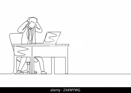 Single continuous line drawing scary frustrated frightened businessman clerk manager stands at laptop, holding head. Office overload, mental stress. O Stock Vector