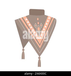 Knitted poncho for cold weather with tassels and ethnic pattern vector illustration Stock Vector