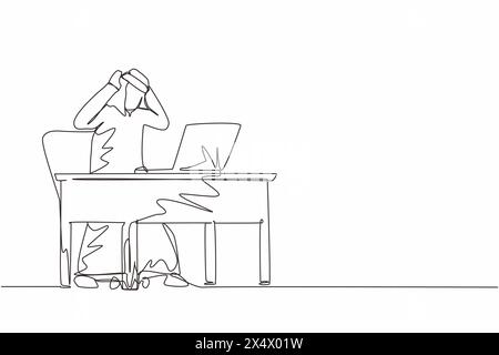 Single one line drawing scary frustrated frightened Arabian businessman clerk manager stands at laptop, holding head. Office overload, mental stress. Stock Vector