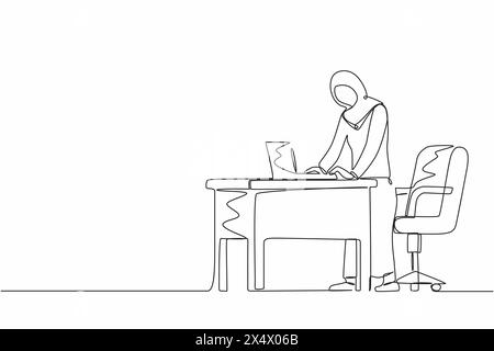 Single one line drawing woman employee working at ergonomic workstation. Office furniture with computer and laptop. Arab female standing on foot rest Stock Vector