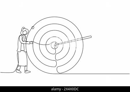 Single continuous line drawing businesswoman hugs and stands next to circle of target, arrow that hit target right in middle, analyze result of achiev Stock Vector