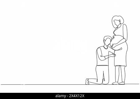 Continuous one line drawing man or husband kneel down and listening to his pregnant wife belly, expecting new born baby. Future parents character. Sin Stock Vector