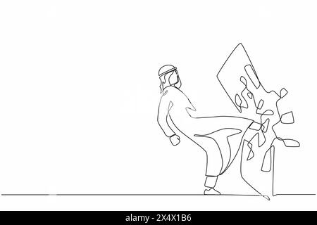 Single one line drawing Arabian businessman kicked mirror and shattered it. Breaking impossible barrier. Business motivation, breakthrough concept.  C Stock Vector